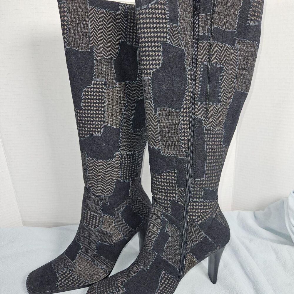 Pierre Dumas Knee High Patchwork Heeled Boots Black Geometric Womens NIB